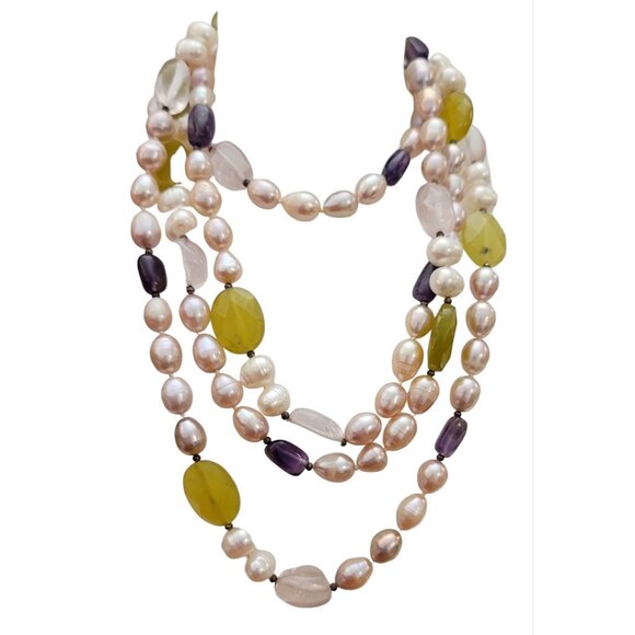Pearl, Quartz Amethyst Knotted Strand Necklace 60" Long, K129 - Picture 2 of 9